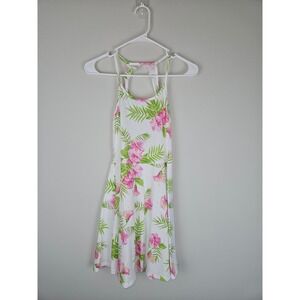 The Childrens Place Girls Tropical Hibiscus Floral Skater Dress White Pink 10/12
